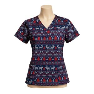 Revel Scrub Top Womens M‎ Christmas Reindeer Fair Isle Print V Neck Nurse